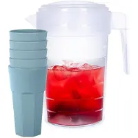 PlasticForte Waterkan van 2 Liter - transparant - kunststof - met 5x stuks onbreekbare drinkglazen - blauw - 600 ml