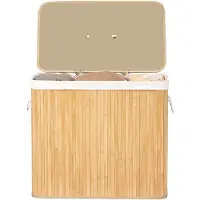 Songmics - Wasmand - Wasmand met Deksel - 3 Vakken - Uitneembare en Wasbare Waszak - Bamboe - Voor Wasruimte