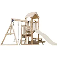 Axi Mette Compleet Speeltoestel met 2 Schommels, Picknicktafel | Speeltoren tuin met Schommels/Zandbak/Glijbaan Crème /Telescoop| Speelhuis van hout op palen voor buiten
