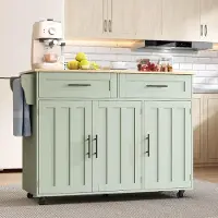 OKWISH Keukeneiland Op Wielen - Uitklapbaar Werkblad - 129 x 46 x 91,5 cm - 2 Laden En Kastvakken - MDF Antiekgroen