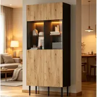 STILVORA Vitrinekast - Met Ledverlichting En 10 Opbergvakken - Voor Woonkamer En Eetkamer - MDF En Gehard Glas - 80x35x180 Cm
