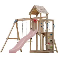 Axi Moos Compleet Speeltoestel met 2 Schommels, Touwladder | Speeltoren tuin met schommels/zandbak/klimmuur/Glijbaan Pastel Roze | Speelhuis van hout op palen voor buiten