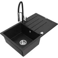Mexen Bruno granieten 1-komorige spoelbak met afdruiprek en keukenmengkraan Aster, zwart - 6513-77-73450-07