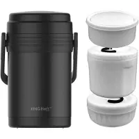KINGHOFF KH-1396 Etensthermos - Roestvrijstalen 3-delige Lunchset 1,5L - Zwart - Dubbelwandig, Lichtgewicht & Onbreekbaar