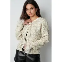 Gimme Gepolijste Vrouwen Jas in Tweed-Stijl met Veren en Strikdetail - Groen - Maat S