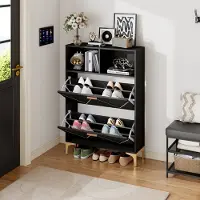 HAUSS SPOLE Schoenenkast – Schoenenmeubel Met 2 Klapdeuren En 4 Schoenenvakken – Halfoffene Planken Voor Hal En Woonkamer – MDF – 80x25x117 cm – Zwart