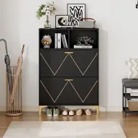 HAUSS SPOLE Schoenenkast – Ruime Schoenenopberger Met 4 Klapdeuren En 8 Schoenenvakken, 2 Halfopen Planken Voor Entree En Woonkamer – MDF – 80x25x117 cm – Zwart