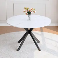 OKWISH Eettafel - Ronde Eettafel Met Marmerlook - 110 x 110 x 75 cm - Zwart Wit - MDF En Metaal - Modern Voor Keuken En Woonkamer