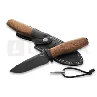 Lionsteel Acha AH B BLN Blackwashed M390, Natural Burlap Micarta, Black Titanium Guard, vaststaand mes