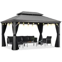 PURPLE LEAF Hardtop Aluminium Tuinpaviljoen – Dubbel dak – Hoogwaardige Gordijnen – Wind- en weerbestendig – Luxe Lichtgrijs – Met Sfeerverlichting