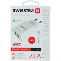 Swissten 2.1A Dual Port Travel Charger (10.5W) - 22053000 + Type-C USB Cable - White