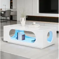 OKWISH Salontafel – Met Ledverlichting En Appbediening – Woonkamer En Thuiswerkplek – Hoogglans MDF Wit – 100x50x35 cm