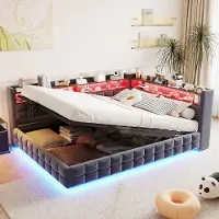OKWISH Dagbed 140x200 met LED-verlichting en opbergruimte, gestoffeerd bed met USB- en Type-C-aansluitingen, fluweelstof, kinderbed in donkergrijs, zonder matras