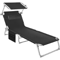 TecTake - ligbed Zonnestoel ligstoel - 4 standen, inklapbaar – zwart - 68 x 190 x 28 cm, met zijvak