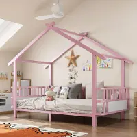 OKWISH Kinderbed 90 x 200 cm - Huisvormig Met Veiligheidsgitter - Open Dakframe Voor Decoratie - Zonder Matras - Metaal - Roze