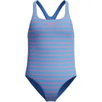Speedo Print Medalist 1 Piece Meisjes Sportbadpak - Badpak Meisjes met Stretch - Zwempak Meisjes met Print - Sportbadpak Meisjes met Medalist-rug - Blauw/Roze - 128