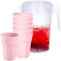 PlasticForte Waterkan van 2 Liter - transparant - kunststof - met 6x stuks onbreekbare drinkglazen - roze - 520 ml