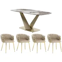 Vente-unique Set tafel PORELIMA + 4 stoelen ELEGANO - Wit marmereffect en beige
