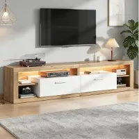 OKWISH Tv-Meubel - Led-Verlichting Met App-Bediening - Voor Woonkamer - Spaanplaat Naturel En Wit - 180 x 35,5 x 50 cm