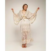 Tantra Lange blockprint-jurk met kant, borduursels en wijde mouwen