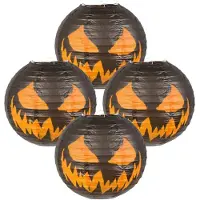 Boland lampion pompoen creepy - 4x - rond - zwart/oranje - D25 cm - papier/metaal - versiering