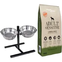 vidaXL Voederstand en kom met hondenvoer Zilver en Zwart 57,5 x 26 cm