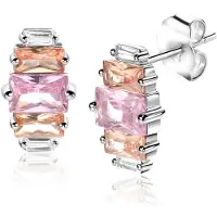 Zinzi 13mm zilveren oorstekers baguette geslepen zirconia's wit, champagne en roze ZIO2490