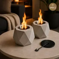 Colibri Bio-ethanol Tafelhaard Set van 2 – Lichtgrijs Beton – 16,5 x 16,5 x 10 cm – Tafelhaard met Doofplaat – Binnen & Buiten