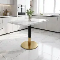 OKWISH Eettafel - Marmerlook Tafelblad - Voor Keuken En Kantoor - MDF En Metaal Wit Zwart Goud - 80 x 60 cm