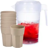 PlasticForte Waterkan van 2 Liter - transparant - kunststof - met 6x stuks onbreekbare drinkglazen - beige - 520 ml