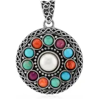 Cavill - Zilveren hanger 925 Sterling Zilver - witte zoetwater kweekparel 7 mm - Kingman Mohave turkoois & carneool, boho stijl