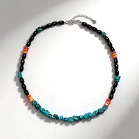Cavill - Handgemaakte Zilveren Halsketting - 925 Sterling Zilver - Zwarte Onyx 56 ct - Turkoois & Oranje Stekeloester - Verstelbaar - Uniek Design