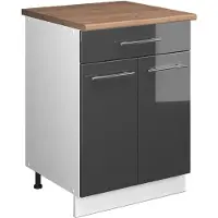 Vicco Onderkast voor spoelbak/kookplaat Fame-Line, Antraciet Hoogglans/Wit, 60 cm met lade, WB Eik