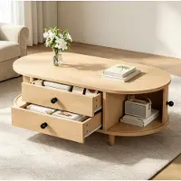 OKWISH Salontafel – Met Roldeuren En 2 Laden – Voor Woonkamer – Natuurlijke Houtlook – MDF – 100 x 50 x 36 cm