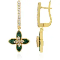 Cavill - 925 Sterling Zilver Vergulde Oorbellen - 2,939 ct Marquise Malachiet & 0,773 ct Cambodjaanse Zirkonia - Elegant Bloem Design - Dames Sieraden