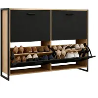 Casabel Schoenenkast met 4 neerklapbare deuren - Design schoenenkast - Opbergmeubel voor de hal met ruimte voor 24 paar schoenen - Zwart frame - Houten neerklapbare deuren