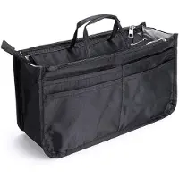 Famanu – Bedrukt inzetstuk voor handtas - portemonnee - organizer met 13 vakken uitbreidbaar - ritssluiting - draagtas - luiertas - inzetstuk met handvat (29 x 16 x 9 cm) (zwart)