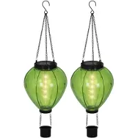 Lumineo solar luchtballon lantaarn - 2x - groen - H26 x D14 cm - kunststof - vlam effect - tuinverlichting