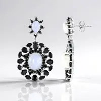 Cavill - 925 Sterling Zilver Oorbellen - 13,68 Ct Regenboog Maansteen Ovaal & Peervorm - Zwarte Spinel Bloemvorm - Elegant Uniek Design Sieraden
