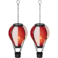 Lumineo solar luchtballon lantaarn - 2x - rood - H25 x D14 cm - kunststof - vlam effect - tuinverlichting