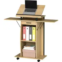 MODFU Verrijdbaar Katheder – Met Opklapbare Zijpanelen & Kantelbaar Blad – Flexibele Breedte 45,5–126 cm – Bureau voor Presentatie of Thuiswerken – Eikenkleur