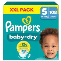 Pampers Baby-Dry luiers - Maat 5 (11-16kg) - 108 stuks - Voordeelverpakking - Stop and Protect - Unieke extra laag - Absorberende kern - Dubbele beschermrandjes (Tot maat 5+)
