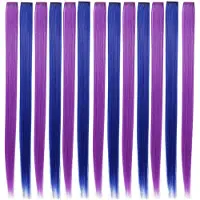 Torribaly 13 Stuks Gekleurde Party Highlights Kleurrijke Clip in Hair Extensions 55cm Rechte Synthetische Haarstukken, Paars + Blauw