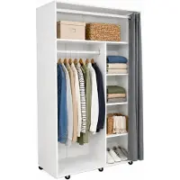 VCM Kleiderschrank auf Rollen H. 175 x B. 101 x T. 51 cm mit Kleiderstangen, Regalfächern & Vorhang, mobiler Garderobenschrank - Ostila