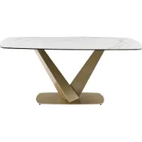 Vente-unique Verlengbare eettafel 6 plaatsen van keramiek en metaal - Wit marmereffect en goud - PORELIMA van Pascal MORABITO