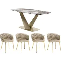 Vente-unique Set tafel PORELIMA + 4 stoelen ELEGANO - Wit marmereffect en beige