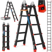 MASKO telescopische ladder aluminium multifunctionele ladder 5,10m 4x5 sporten Werkladder, vouwladder, enkele ladder, dubbelzijdige trapladder - 5.10m / 4x5 sporten, Zwart / Rood