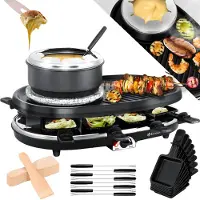 Kesser Gourmetstel 3in1 Raclette Grill met natuurlijke grillplaat en fondue, Gourmetset tafelgrill voor 8 personen, elektrische Grill anti-aanbak bakplaat, 8 pannetjes en houten spatel - incl.Fondue