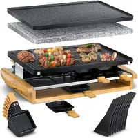 Kesser Gourmetstel 1200W met natuurlijke Grillplaat - Gourmetset Raclette Set voor 8 personen, Tafelgrill elektrische Grill met 8 pannetjes en houten spatel, antiaanbaklaag Bakplaat - 8 personen