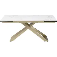 Vente-unique Verlengbare eettafel 6 tot 10 personen van keramiek, gehard glas en metaal - Wit marmereffect en goudkleurig - XERENA van Maison Céphy